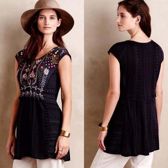 Anthropologie Bohemian Embroidered Tunic One September Size Small Blue Boho‎ Top - Picture 1 of 14